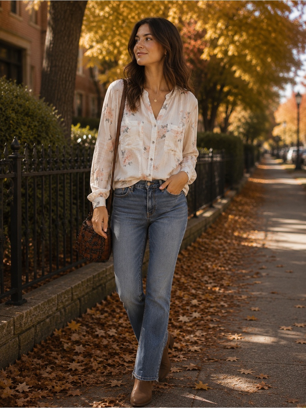 Denver Hayes Floral Button-Up Blouse in Cream & Blush